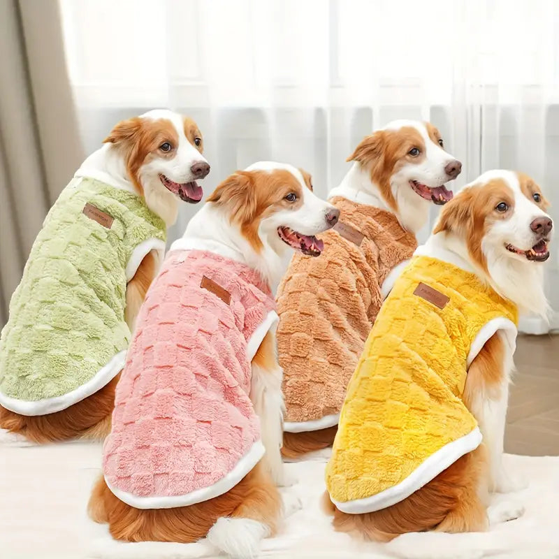 Vier Hunde in bunten, flauschigen Hundemänteln sitzen nebeneinander. Perfekt für kalte Tage, modische Hundebekleidung, warme Haustierjacken.