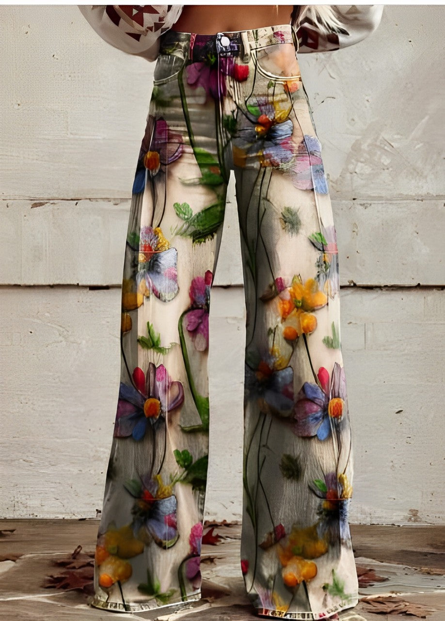 Bunte Damenhose mit floralem Muster, weites Bein, modisch und trendig, ideal für Frühling und Sommer. Perfekt für stilvolle Freizeitoutfits.