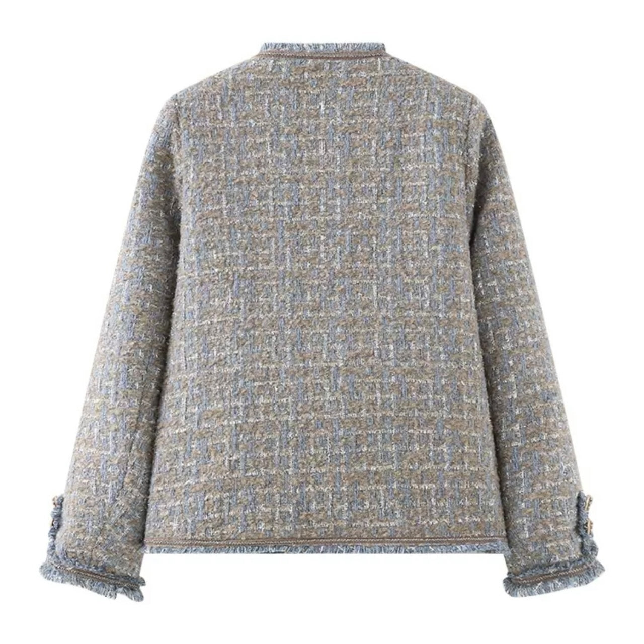Graue Tweed-Jacke für Damen, elegant und stilvoll, mit Fransen-Details. Perfekt für Herbstmode und Business-Looks. Hochwertige Verarbeitung.