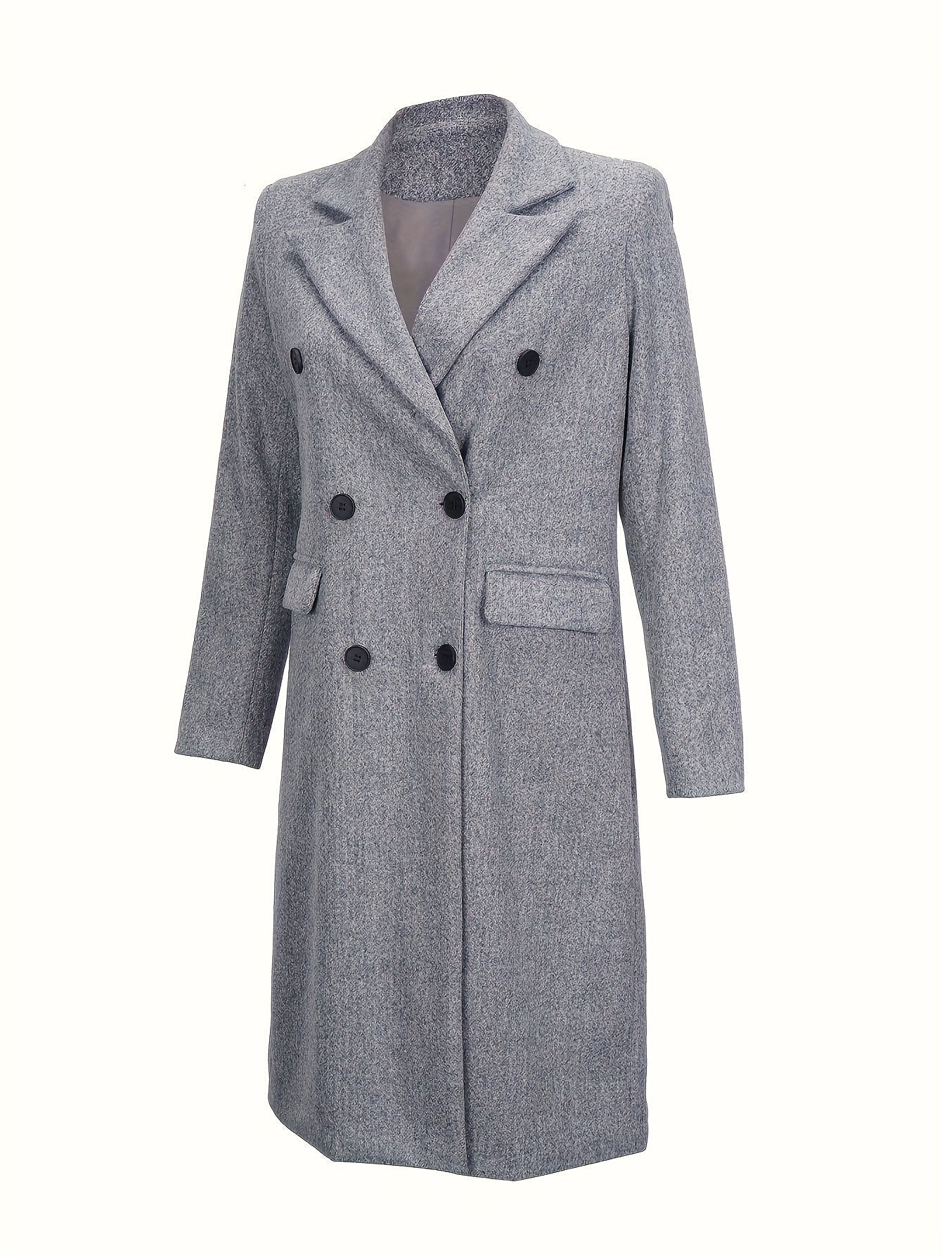 Eleganter grauer Damen-Mantel, doppelreihig, mit Knöpfen. Perfekt für Herbstmode, stilvoll und zeitlos. Hochwertige Materialien.