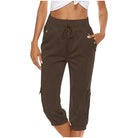 Damen-Cargohose in Khaki, knöchellang, mit Kordelzug und Seitentaschen. Ideal für Freizeit und Outdoor. Bequeme Passform, modischer Look.