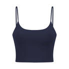Dunkelblaues Damen-Crop-Top mit Spaghettiträgern, ideal für Sommermode. Bequemes, stilvolles Design, perfekt für Freizeit- und Alltagsoutfits.