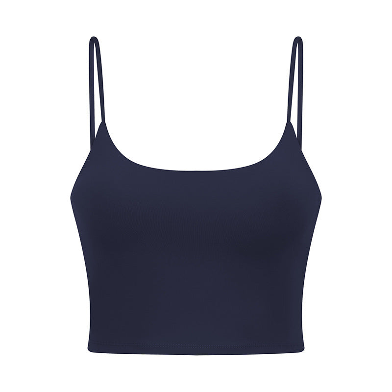 Dunkelblaues Damen-Crop-Top mit Spaghettiträgern, ideal für Sommermode. Bequemes, stilvolles Design, perfekt für Freizeit- und Alltagsoutfits.