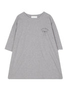 Graues Damen-T-Shirt mit Rundhalsausschnitt, 3/4-Ärmeln und "La Vie en Rose"-Stickerei. Perfekt für lässige Mode und Alltagsoutfits.