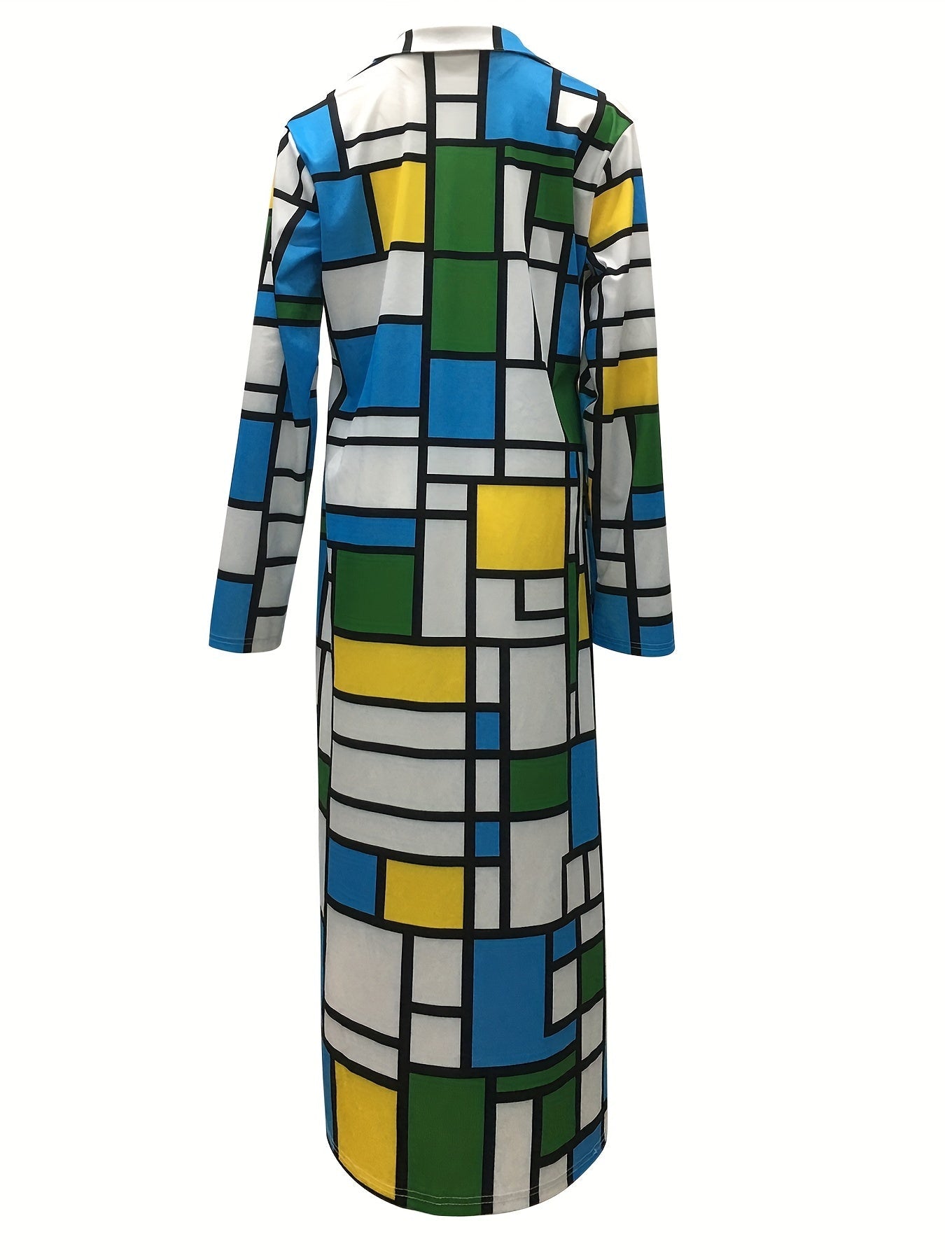 Kleid mit geometrischem Muster in Blau, Grün, Gelb und Weiß. Langärmeliges Design, inspiriert von moderner Kunst. Perfekt für stilvolle Anlässe.