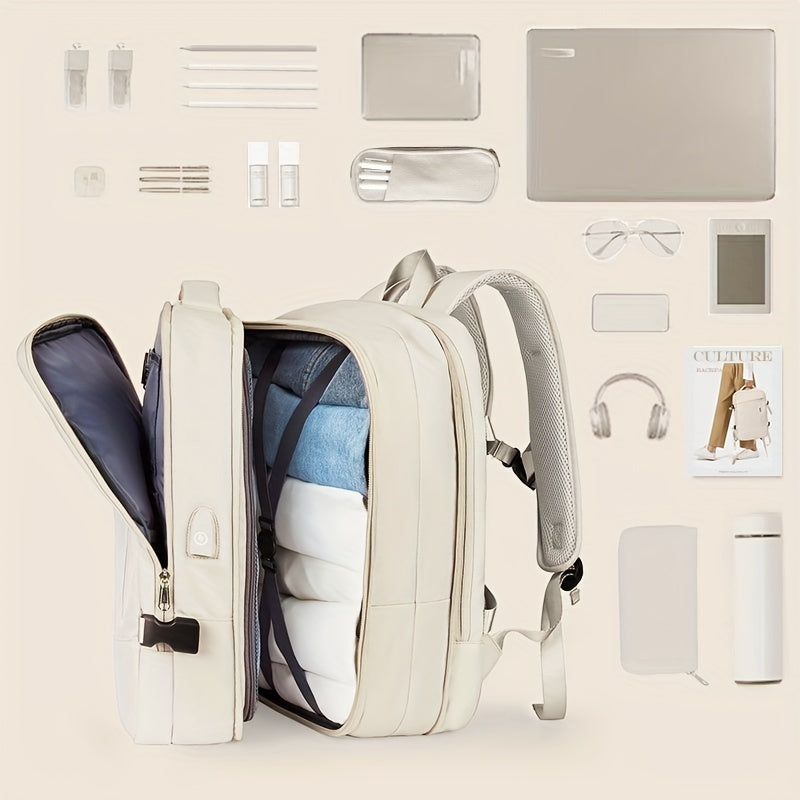 Moderner, multifunktionaler Rucksack in Beige mit Laptopfach, ideal für Reisen und Arbeit. Inklusive Organizer für Zubehör und stilvolles Design.
