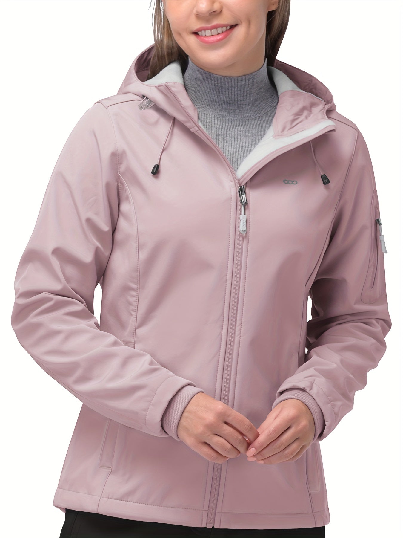 Damen-Softshelljacke in Rosa mit Kapuze, wasserabweisend, winddicht, ideal für Outdoor-Aktivitäten. Funktionale Taschen, modisches Design.