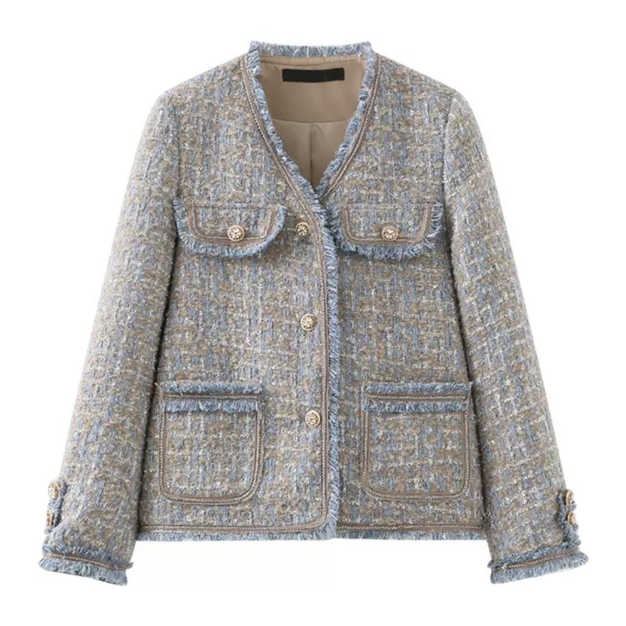 Elegante Damen Tweed-Jacke in Blau-Grau mit goldenen Knöpfen, Fransen-Details und Taschen. Perfekt für stilvolle Herbst- und Wintermode.