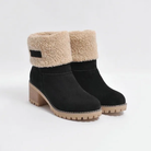 Schwarze Damen-Winterstiefel mit Kunstfellfutter, Blockabsatz und rutschfester Sohle. Perfekt für kalte Tage. Modische und warme Stiefeletten.