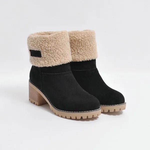 Schwarze Damen-Winterstiefel mit Kunstfellfutter, Blockabsatz und rutschfester Sohle. Perfekt für kalte Tage. Modische und warme Stiefeletten.