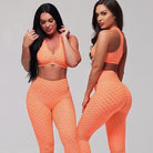 Damen Sport-Set in leuchtendem Orange, V-Ausschnitt, nahtloses Design, ideal für Fitness und Yoga. Modische Sportbekleidung für Frauen.