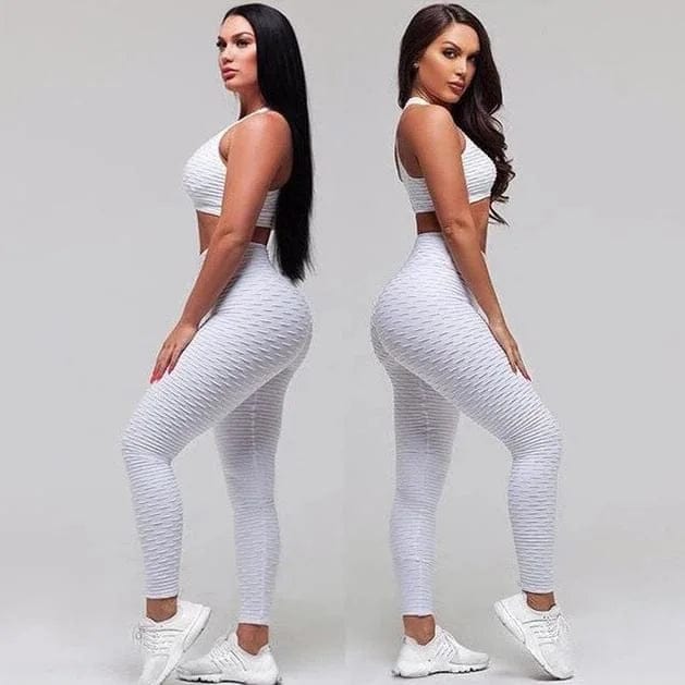 Zweiteiliges Sport-Set für Damen in Weiß, V-Ausschnitt, nahtlose Leggings, ideal für Fitness und Yoga. Bequem, stilvoll, atmungsaktiv.