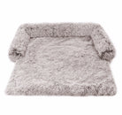 Graues, flauschiges Hundebett, rechteckig, mit erhöhtem Rand, ideal für Haustierkomfort.