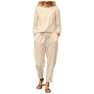 Zweiteiliges Leinen-Ensemble für Damen, beige, bequem und stilvoll. Perfekt für Freizeit und Sommer. Hochwertige Mode, lässiger Look.