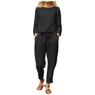 Zweiteiliges Leinen-Ensemble in Schwarz, bequem und stilvoll, ideal für Freizeit und Alltag. Perfekt für modebewusste Frauen.