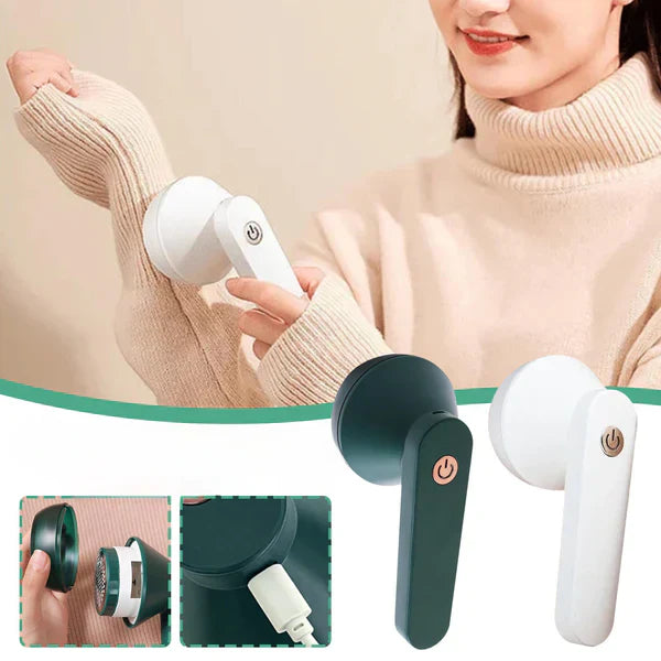 Elektrischer Fusselrasierer in Weiß und Grün, ideal zum Entfernen von Fusseln und Flusen von Kleidung. USB-aufladbar, kompakt und effizient.
