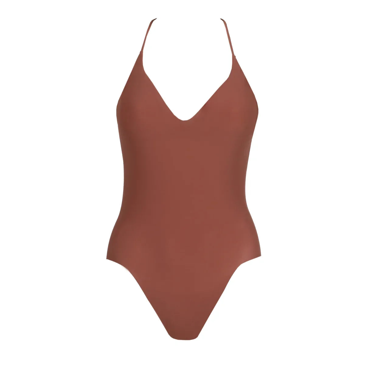 Roter Body aus glattem Stoff, tiefem V-Ausschnitt und Spaghettiträgern. Ideal für Damenmode, Lingerie, Unterwäsche, elegantes Design.