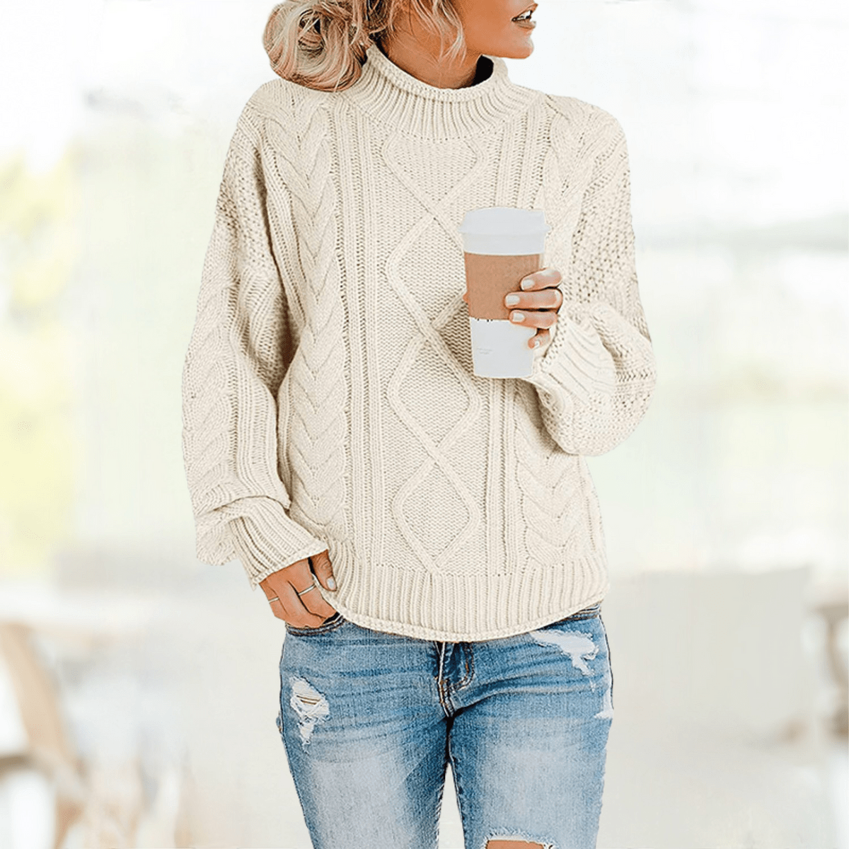 Beiger Rollkragenpullover, stylisch und gemütlich, ideal für Herbstmode. Perfekt kombiniert mit Jeans. Damenmode, Strickpullover, Trend 2023.