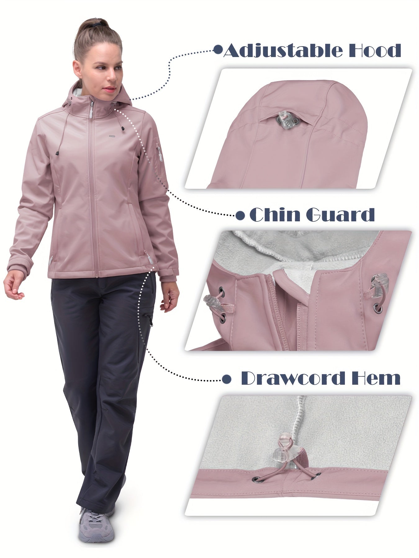 Damen-Softshelljacke in Rosa mit verstellbarer Kapuze, Kinnschutz und Kordelzugsaum. Ideal für Outdoor-Aktivitäten und Wandern.