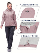 Damen-Softshelljacke in Rosa mit verstellbarer Kapuze, Kinnschutz und Kordelzugsaum. Ideal für Outdoor-Aktivitäten und Wandern.