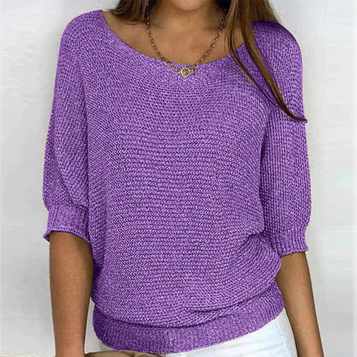 Lila Strickpullover Damen, lässiger Schnitt, 3/4-Ärmel, weiches Material, ideal für Frühling und Herbst, modischer Freizeitlook.