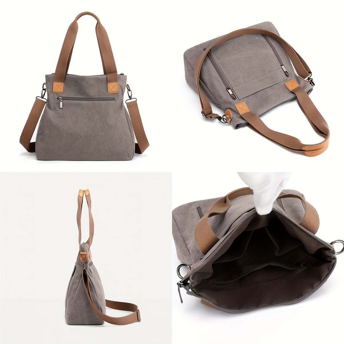 Stylische graue Canvas-Umhängetasche mit braunen Ledergriffen, ideal für Damen. Praktisch, geräumig, modisch, perfekt für Alltag und Reisen.