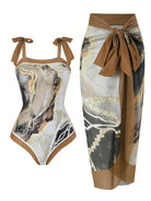 Eleganter Badeanzug mit abstraktem Marmorprint und passendem Pareo. Perfekt für den Strandurlaub. Hochwertige Bademode, stilvoll und modern.