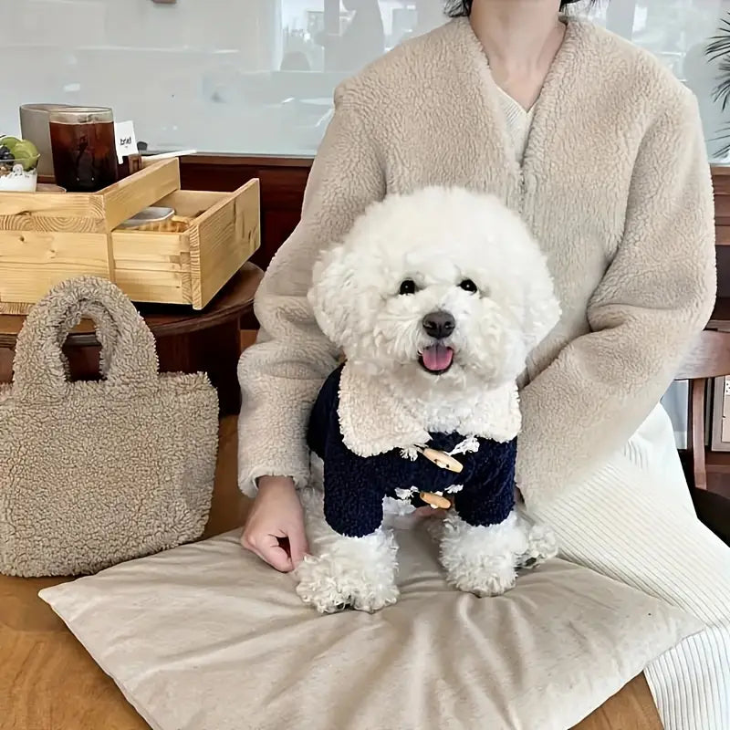 Weißer Pudel im modischen Hundemantel sitzt auf einem Tisch neben einer Person in beiger Jacke. Perfekt für Haustiermode und Hundebekleidung.