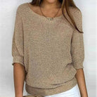 Damenpullover in Beige, Strickdesign, lässiger Stil, 3/4-Ärmel, ideal für Herbstmode. Perfekt kombinierbar mit Jeans oder Röcken.