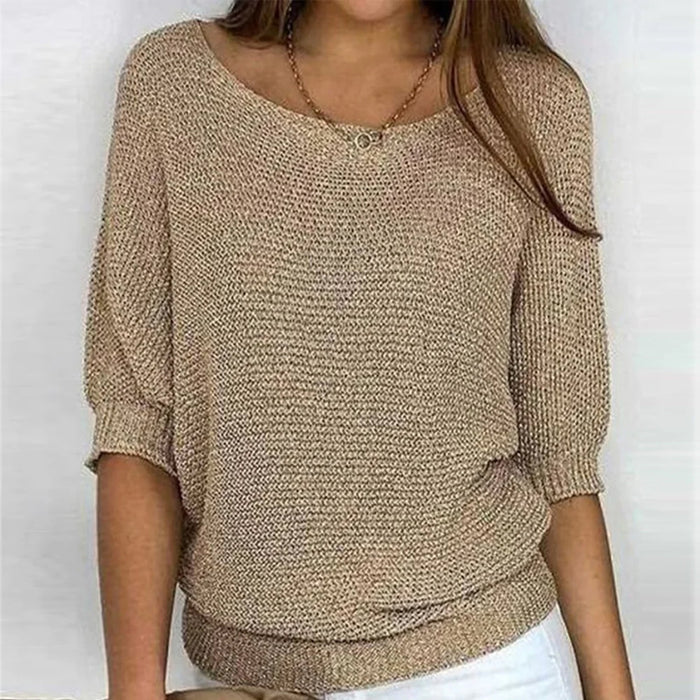 Damenpullover in Beige, Strickdesign, lässiger Stil, 3/4-Ärmel, ideal für Herbstmode. Perfekt kombinierbar mit Jeans oder Röcken.