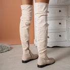 Damen Overknee-Stiefel in Beige, aus Wildlederimitat, mit seitlichem Reißverschluss. Perfekt für Herbstmode und stilvolle Outfits.