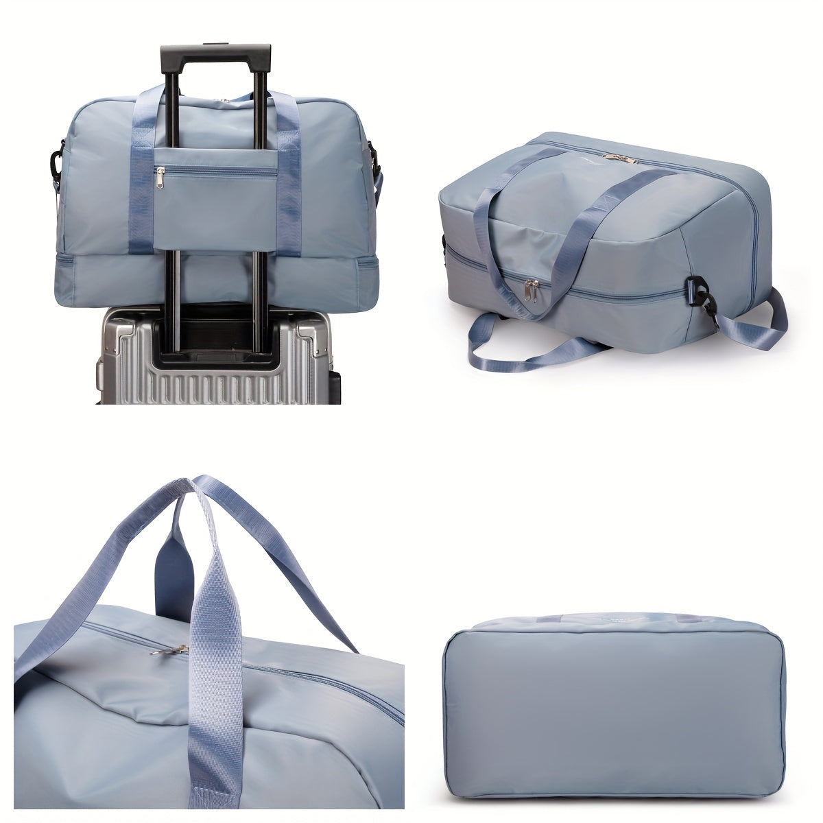 Reisetasche in Hellblau, wasserabweisend, mit Trolley-Aufsteckfunktion, robustem Reißverschluss und verstellbarem Schultergurt. Ideal für Reisen.