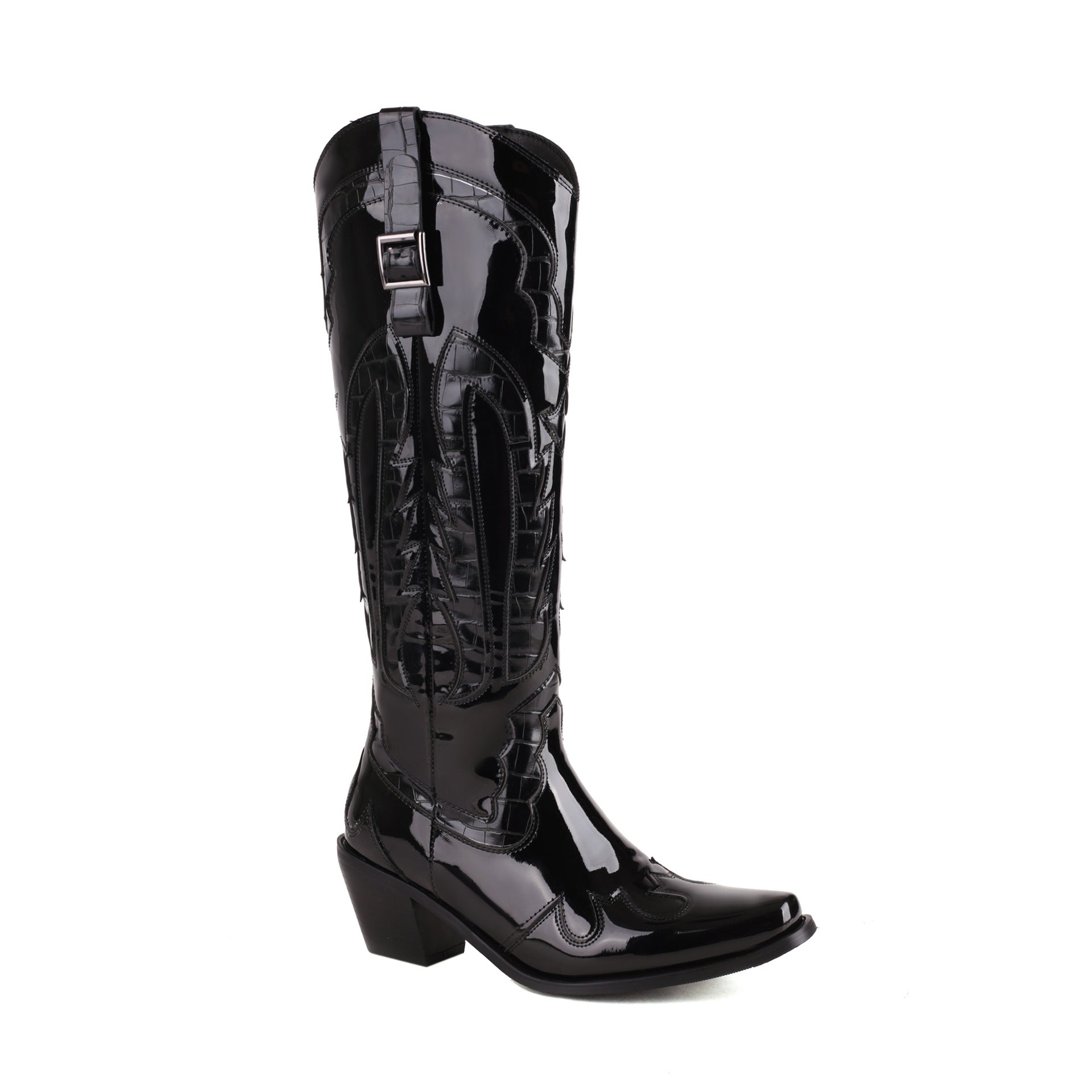 Schwarzer Westernstiefel aus Lackleder mit spitzem Zeh und Blockabsatz. Modischer Cowboy-Stil, ideal für Damenmode und trendige Outfits.