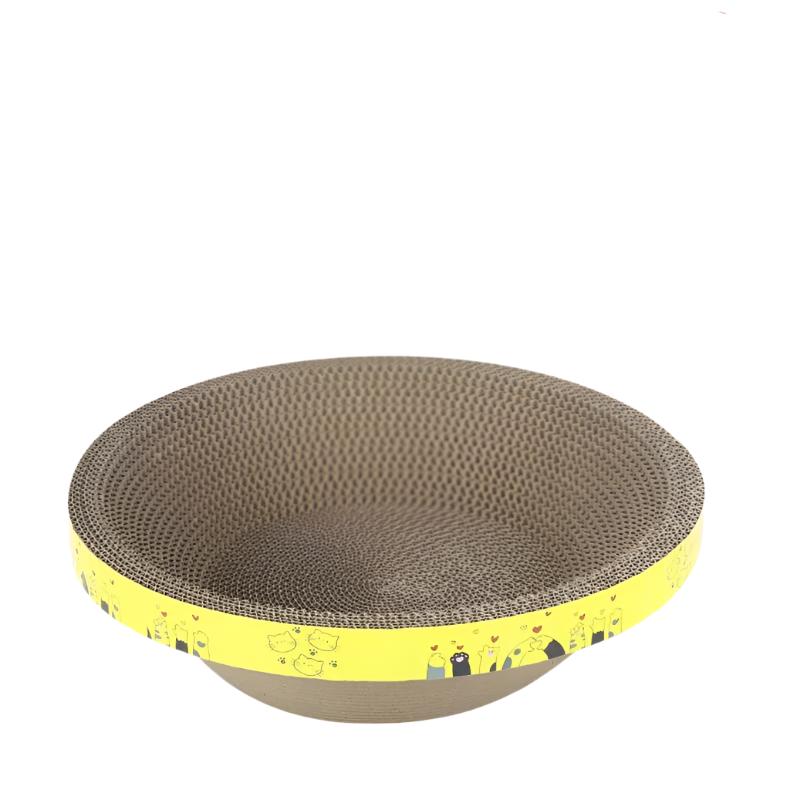 Katzenspielzeug Kratzschale aus Pappe, rund, braun, mit gelbem Rand, langlebig, umweltfreundlich.