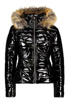 Damen schwarze glänzende Jacke mit Kunstfellkapuze, petite Größe, modisch und warm.