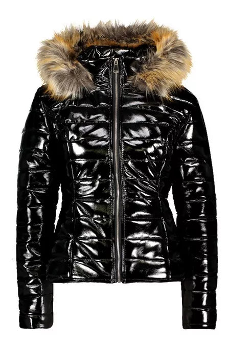 Damen schwarze glänzende Jacke mit Kunstfellkapuze, petite Größe, modisch und warm.