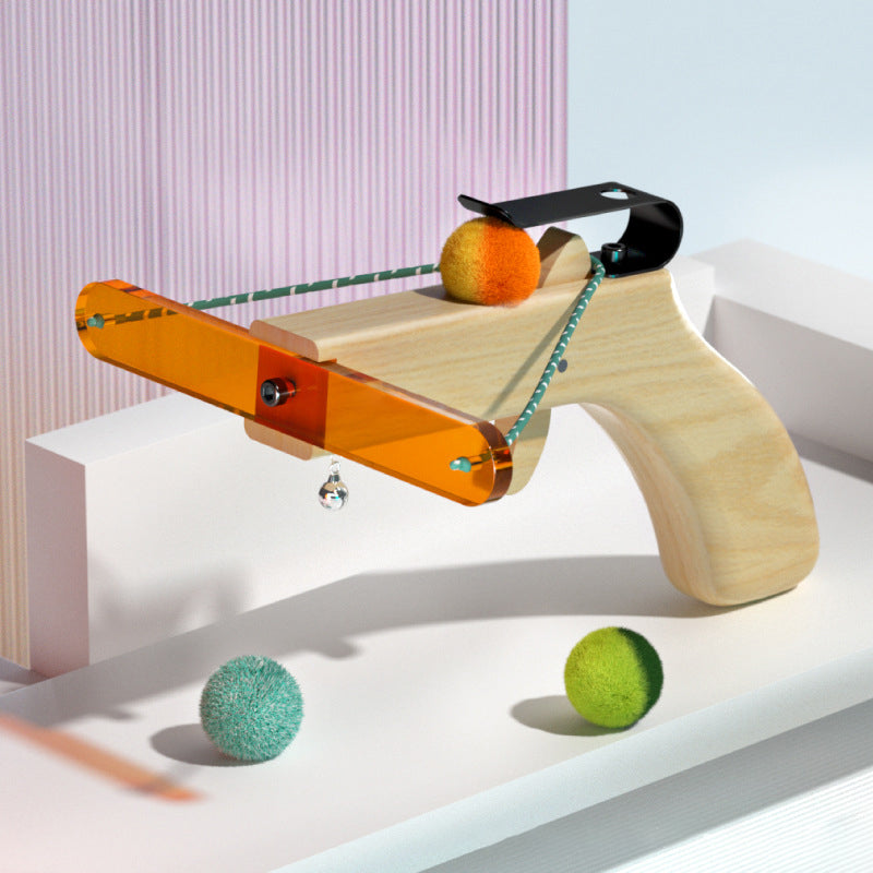 Holz-Katzen-Spielzeug, Schleuder mit bunten Plüschbällen, interaktives Katzenspielzeug.