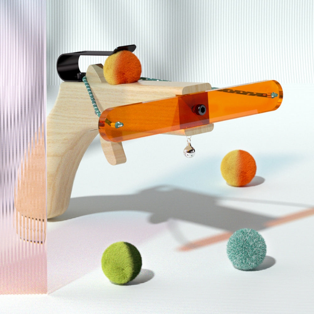 Katzenballwerfer aus Holz mit bunten Plüschbällen, orange Acryl, interaktives Katzenspielzeug.