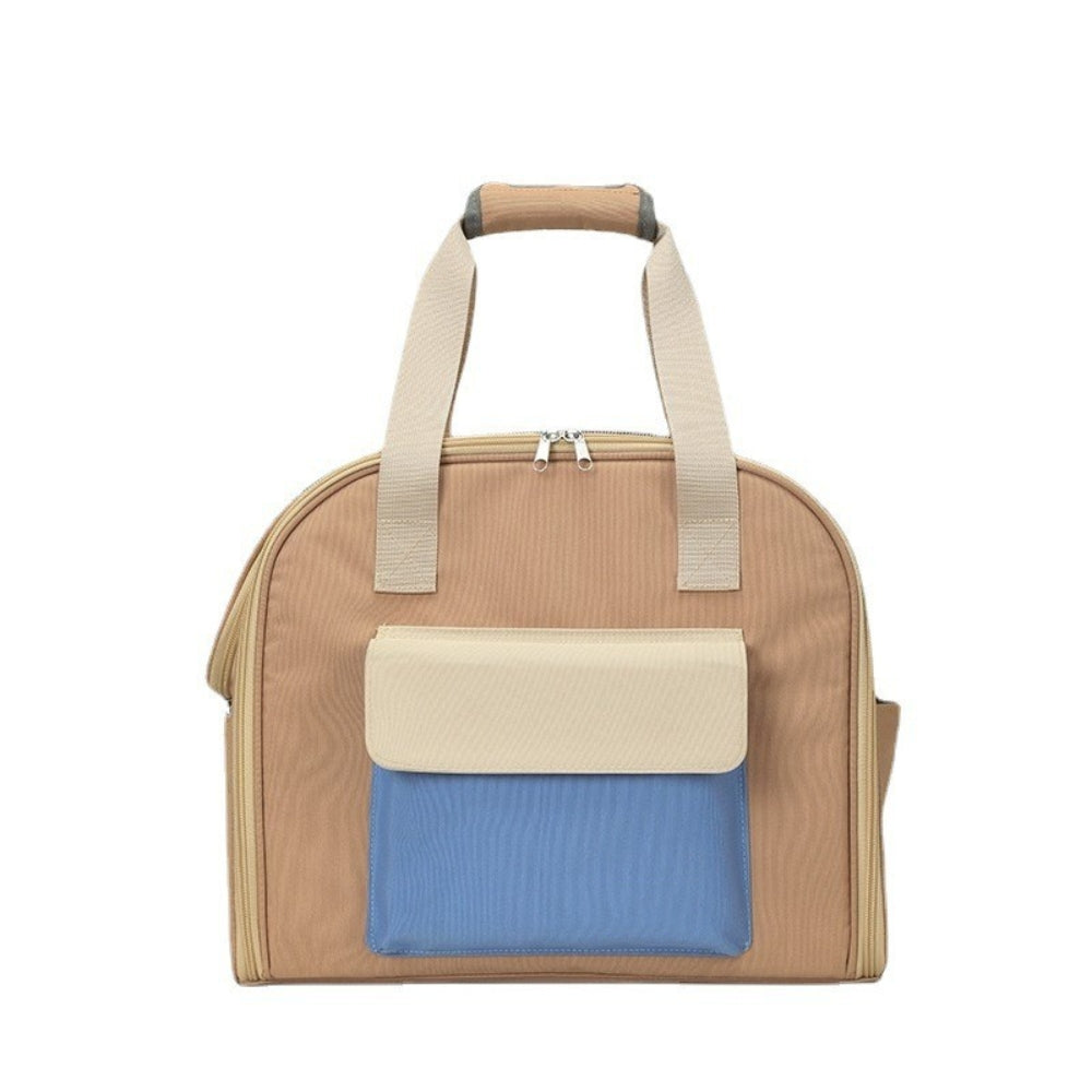 Tragbare, erweiterbare Katzen-Tragetasche, beige und blau, atmungsaktiv, Haustier-Rucksack.