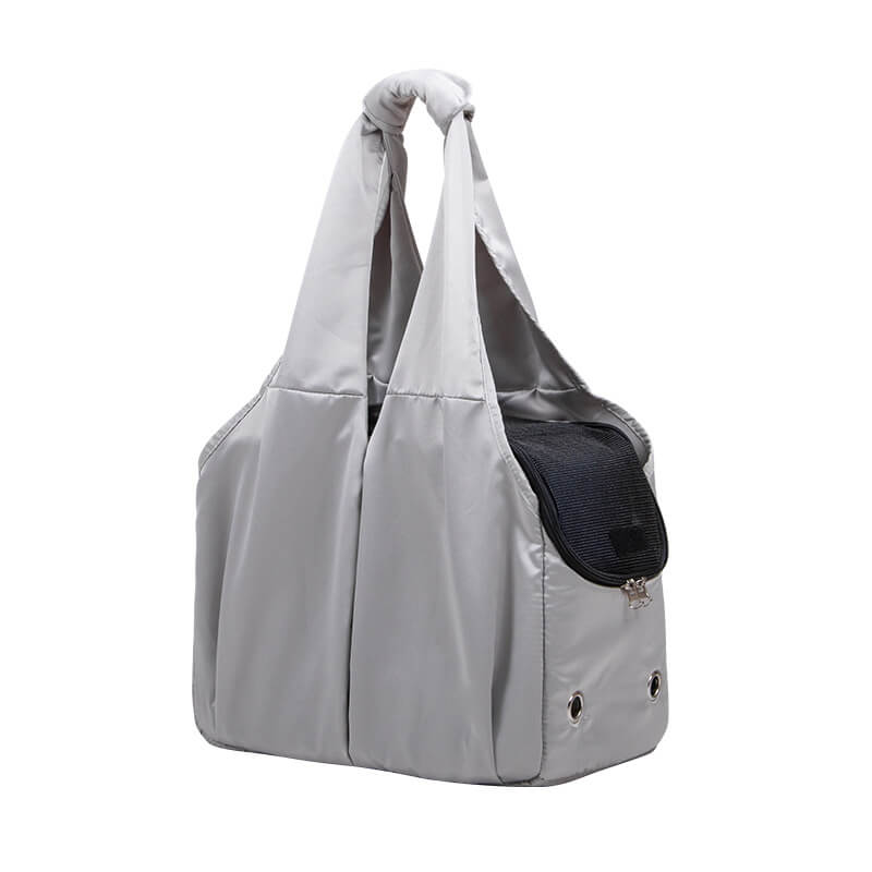 Tragbare graue Schultertasche für Haustiere, stilvolles Design, atmungsaktives Netz, Reißverschluss.