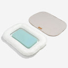 Wasserdichtes orthopädisches Hundebett mit Memory-Schaum, abnehmbarer Bezug, beige und blau.