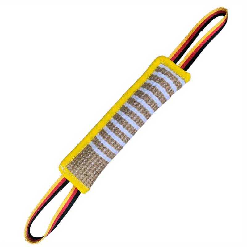Robustes Hundespielzeug mit gelbem Rand und Streifenmuster, ideal für Training und Apportieren. Langlebiges Material, perfekt für aktive Hunde.