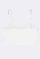 Weißes Damen-Crop-Top mit Spaghettiträgern, ideal für Sommermode. Bequemes, ärmelloses Design aus leichtem Stoff. Perfekt für Casual-Outfits.