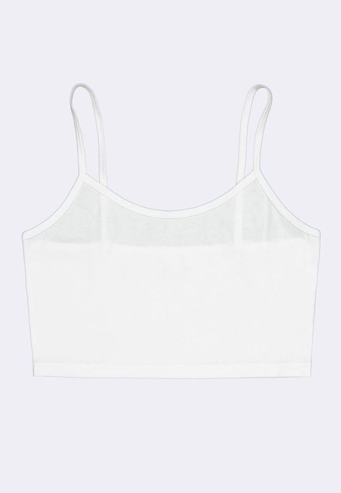Weißes Damen-Crop-Top mit Spaghettiträgern, ideal für Sommermode. Bequemes, ärmelloses Design aus leichtem Stoff. Perfekt für Casual-Outfits.
