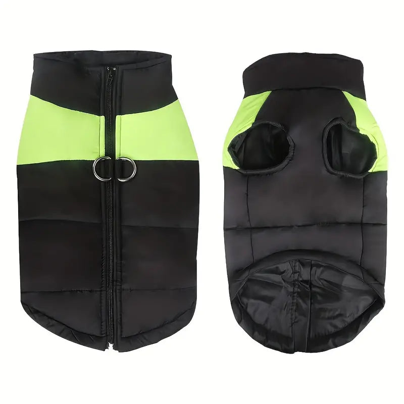 Schwarze Hundejacke mit neongrünen Streifen, Reißverschluss und D-Ringen. Ideal für kaltes Wetter, reflektierend, modisch und funktional.