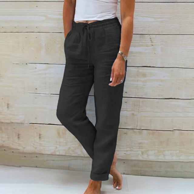 Damenhose schwarz, lässig, Baumwolle, elastischer Bund, bequem, Freizeitmode, Sommerkleidung.