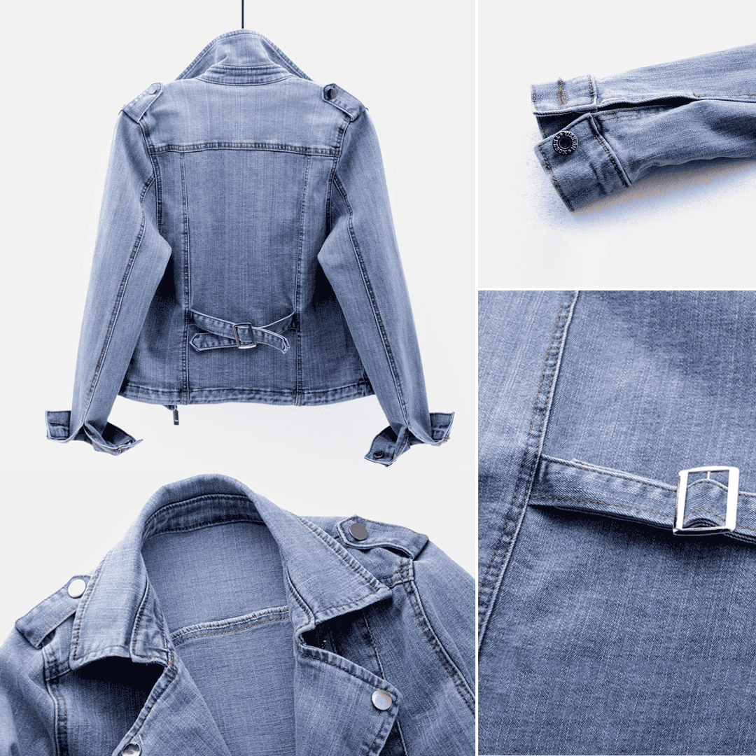 Damen-Jeansjacke in Blau, modisch und vielseitig, mit Gürtel-Detail und Knopfverschluss. Perfekt für lässige Outfits und trendige Looks.