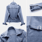 Damen-Jeansjacke in Blau, modisch und vielseitig, mit Gürtel-Detail und Knopfverschluss. Perfekt für lässige Outfits und trendige Looks.