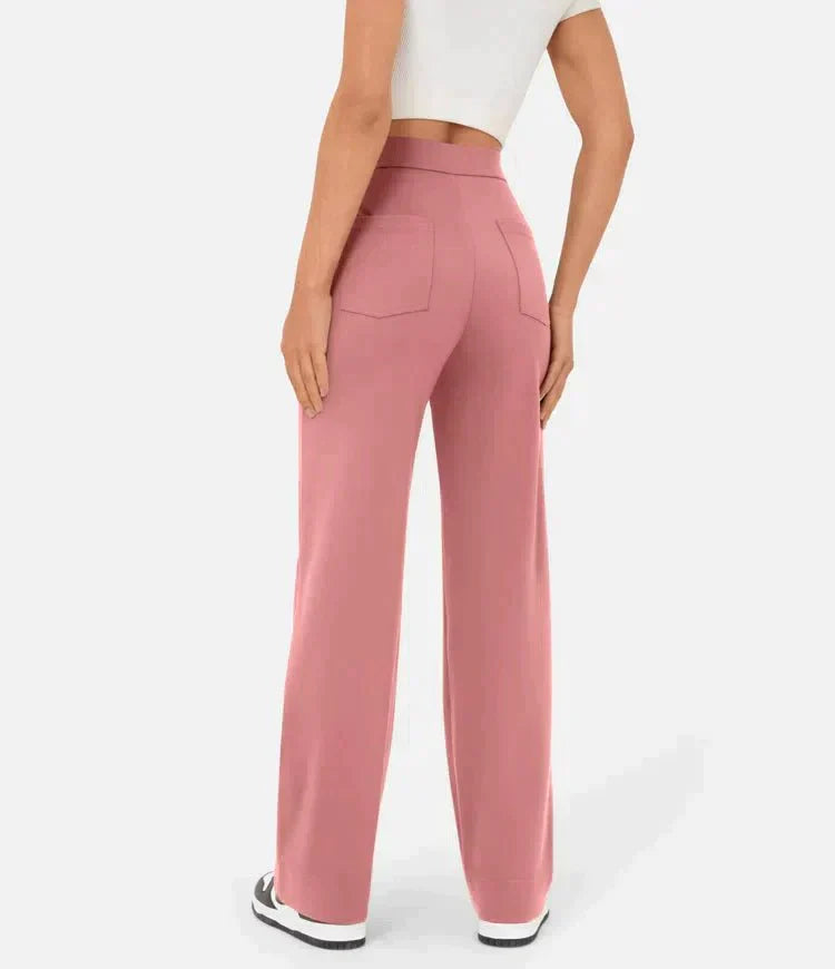 Damenhose in Rosa, hoch tailliert, elastisch, lässig. Perfekt für Freizeit und Alltag. Modische, bequeme Passform mit weitem Bein.