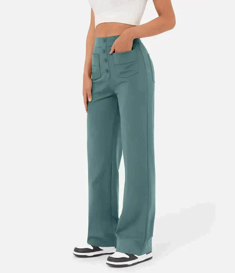 Damenhose, hoch tailliert, elastisch, lässig, grün. Perfekt für Freizeit und Alltag. Modisch, bequem, vielseitig kombinierbar.